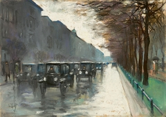 Unter den Linden mit Droschken im Regen by Lesser Ury