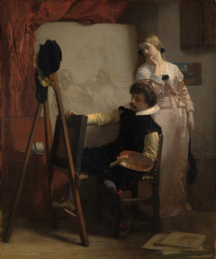 Een schilder voor zijn ezel toont een schilderij aan een meisje (A painter at his easel showing a painting to a girl) by Florent Joseph Marie Willems