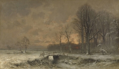 Winter Scene with the Sun Setting Behind Trees by Louis Apol