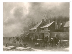 Winterlandschaft mit Dorf und Eisläufern by Nicolaes Molenaer