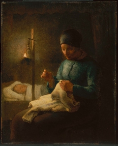 Woman Sewing beside her Sleeping Child by Jean-François Millet