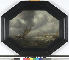 Zeilboten op een woelige zee voor de kust by Justus de Verwer