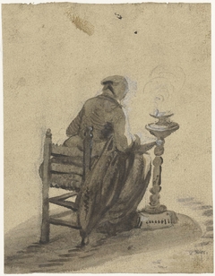 Zittende vrouw, van achteren, werkend bij een olielamp by Harmen ter Borch