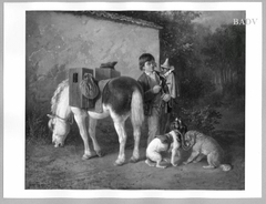 a comedian-boy with horse and monkey by Theodor Hosemann