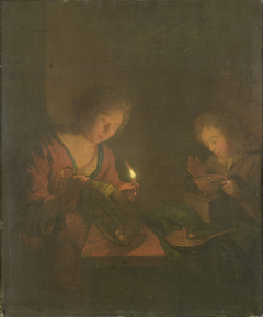 A girl putting a candle in a lantern and a boy testing the fire in a footwarmer by Godfried Schalcken