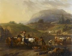 A Mountainous Landscape with Herdsmen Driving Cattle down a Road by Nicolaes Pieterszoon Berchem