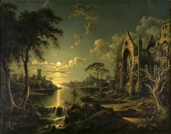 A Ruined Gothic Church beside a River by Moonlight by Sebastian Pether