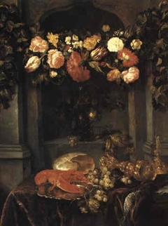 A still life with a lobster, flowers, roemer and grapes on a draped table by Abraham van Beijeren