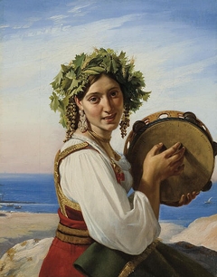 A young woman with a tambourine in Ischia by Jean-Claude Bonnefond