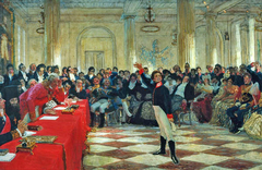 Alexander Sergeyevich Pushkin recites his poem before Gavrila Derzhavin during the Tsarskoye Selo Lyceum exam on January 8th, 1815. by Ilya Repin