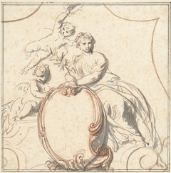 Allegorische vrouwenfiguur met twee putti boven een rocaille cartouche by Jacob de Wit