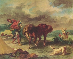 An Arab Saddling his Horse by Eugène Delacroix