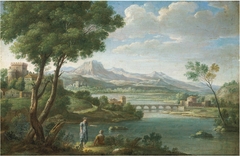 An Italianate landscape with figures resting, a fortress, bridge and mountains beyond by Hendrik Frans van Lint