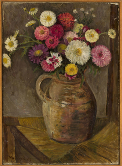 Asters and zinnias in a clay jug by Tadeusz Makowski