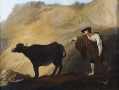 Berger napolitain chassant une vache d'une grotte by Jean Barbault