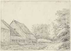 Boerderij en houten schuur bij bos by Abraham Krayestein