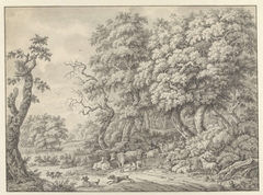 Boslandschap met vee en twee herders by Unknown Artist