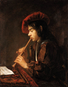 Boy playing a recorder by Abraham van Dijck