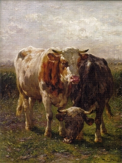 Bull and cow in the floodplains at Oosterbeek by Johannes Hubertus Leonardus de Haas