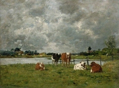 Cows in a field under a stormy sky, 1877 by Eugène Boudin