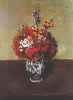 Dahlias in a Delft vase by Paul Cézanne