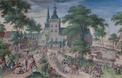 Dorfkirmes vor der Kirche und dem Schloss by Hans Bol