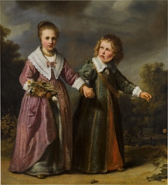 Double portrait of a boy and girl, full-length, in a landscape by Ferdinand Bol