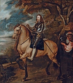 Equestrian portrait of King Charles I, full-length, in armour on a dun horse, a baton in his right hand, wearing the Order of the Garter, followed by an equerry carrying his helmet by Anonymous