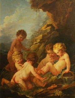 Five Naked Children Playing by a Rocky Pool by François Boucher