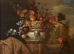 Fruit in a Pewter Bowl with a Parrot by Jakob Bogdani