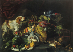 Game Birds and Fruit with a Dog and Parrot by Jan Fyt