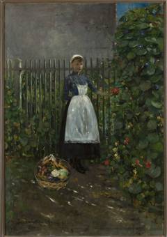 Girl with a basket of vegetables in a garden. by Olga Boznańska