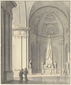 Grote overwelfde zaal met een grafmonument by Jan Hendrik Troost van Groenendoelen