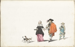 Hand in hand lopend paar, gevolgd door een jongeman by Gesina ter Borch