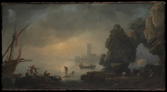 Harbor Scene with a Grotto and Fishermen Hauling in Nets by Anonymous