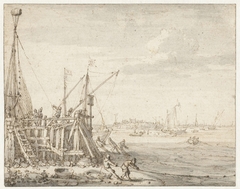 Havenhoofd met vissers die hun netten binnenhalen by Cornelis Claesz van Wieringen