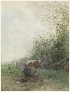 Herder en herderin met hun kudde rustend bij water by Unknown Artist