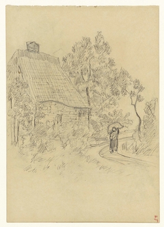 Huis aan een landweg met een figuur by Jozef Israëls