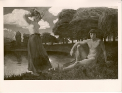 "Idyll", männlicher Akt und weiblicher Halbakt in einer Landschaft by Ludwig von Hofmann