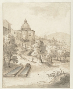 Italiaans landschap met een stad op een heuvel by Caspar van Wittel