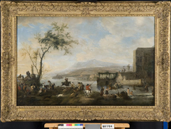 Italiaans rivierlandschap met een jachtpartij by Philips Wouwerman