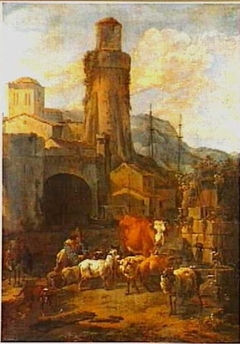 Landscape with a Shepherd and his Herd by a City gate by Nicolaes Pieterszoon Berchem