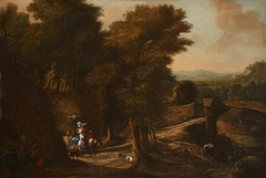 Landscape with a Stone Bridge and a Couple on Horeseback Embracing by Flemish School