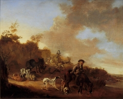 Landschap met ruiters en honden by Dirk Stoop