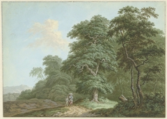 Landschap met vrouw en jongetje op een landweg by Unknown Artist