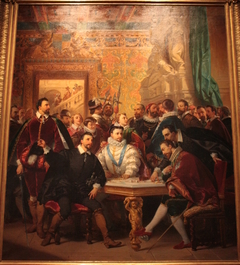 Les quatre Henri ( de Valois, de Navarre, de Guise et de Condé) dans la maison de Crillon, à Avignon by Eugène Devéria