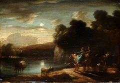 Moonlit River Landscape with Travellers on a Path by Anonymous