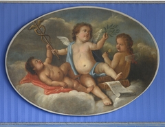 Ovaal met drie putti op wolken, één daarvan met staf en palmtak en de derde met een lolly in de hand by Guillaume Pierre Mensaert