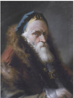 Portrait of an oriental, head and shoulders, wearing a bejewelled blue hat and a red fur-trimmed coat by Lorenzo Baldissera Tiepolo