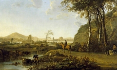 Rider and Herdsman in an Imaginary Landscape with a Ruined Castle and Distant Town by Aelbert Cuyp